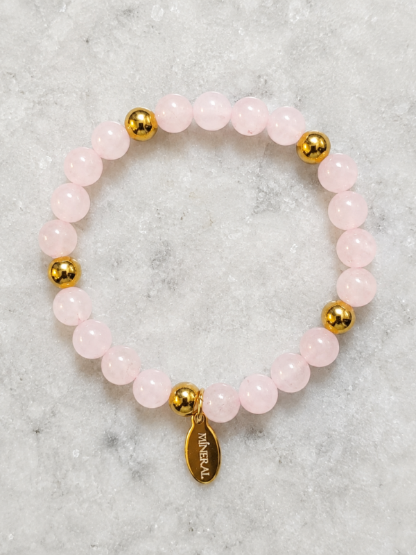 Pulsera de Cuarzo Rosa Aura Pulsera de cuarzo rosa natural Aura con detalles dorados