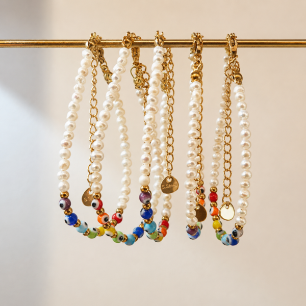 Pulseras de Chakras Alma con perlas cultivadas y ojo turco