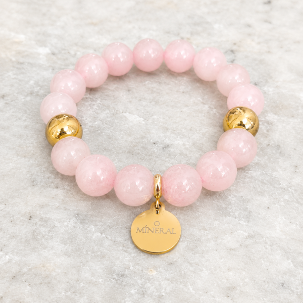 Pulsera de Cuarzo Rosa Éter Pulsera de cuarzo rosa Éter con cuentas doradas