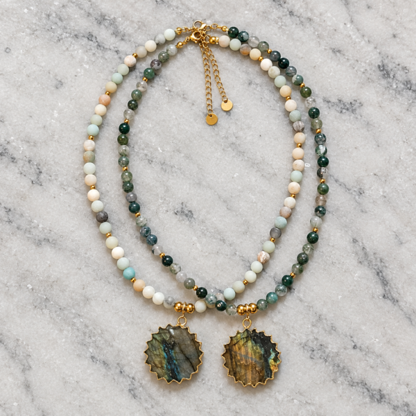 Collares de Labradorita – Ágata Musgo y Amazonita | Míneral Joyería Collares de labradorita con ágata musgo y amazonita mate | Míneral Joyería