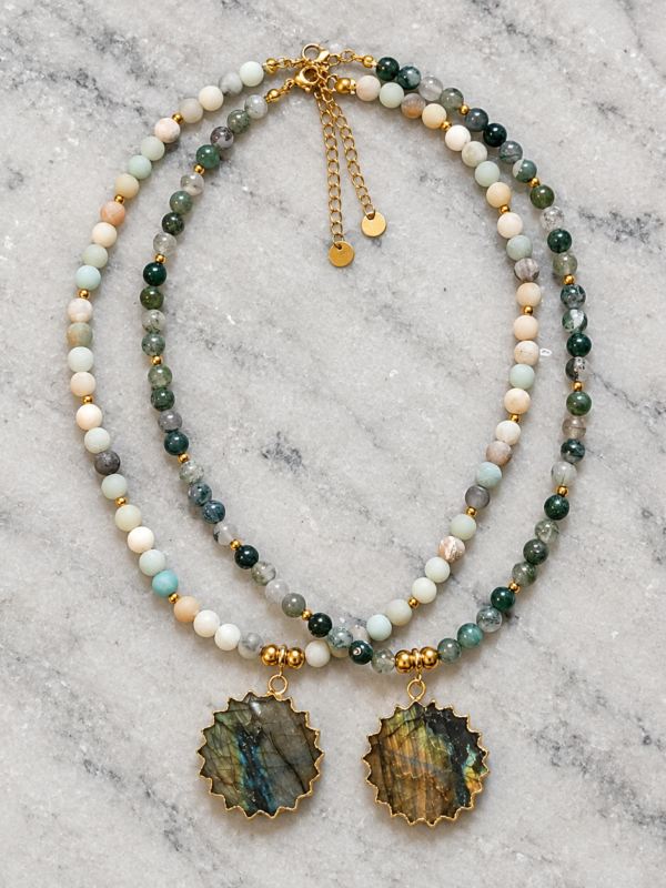 Collares de labradorita con ágata musgo y amazonita mate | Míneral Joyería